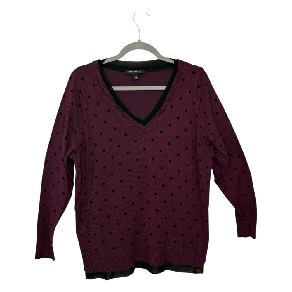 Lane Bryant Burgundy Black Polka Dot V-Neck Sweater Classic Preppy Mod 18/20